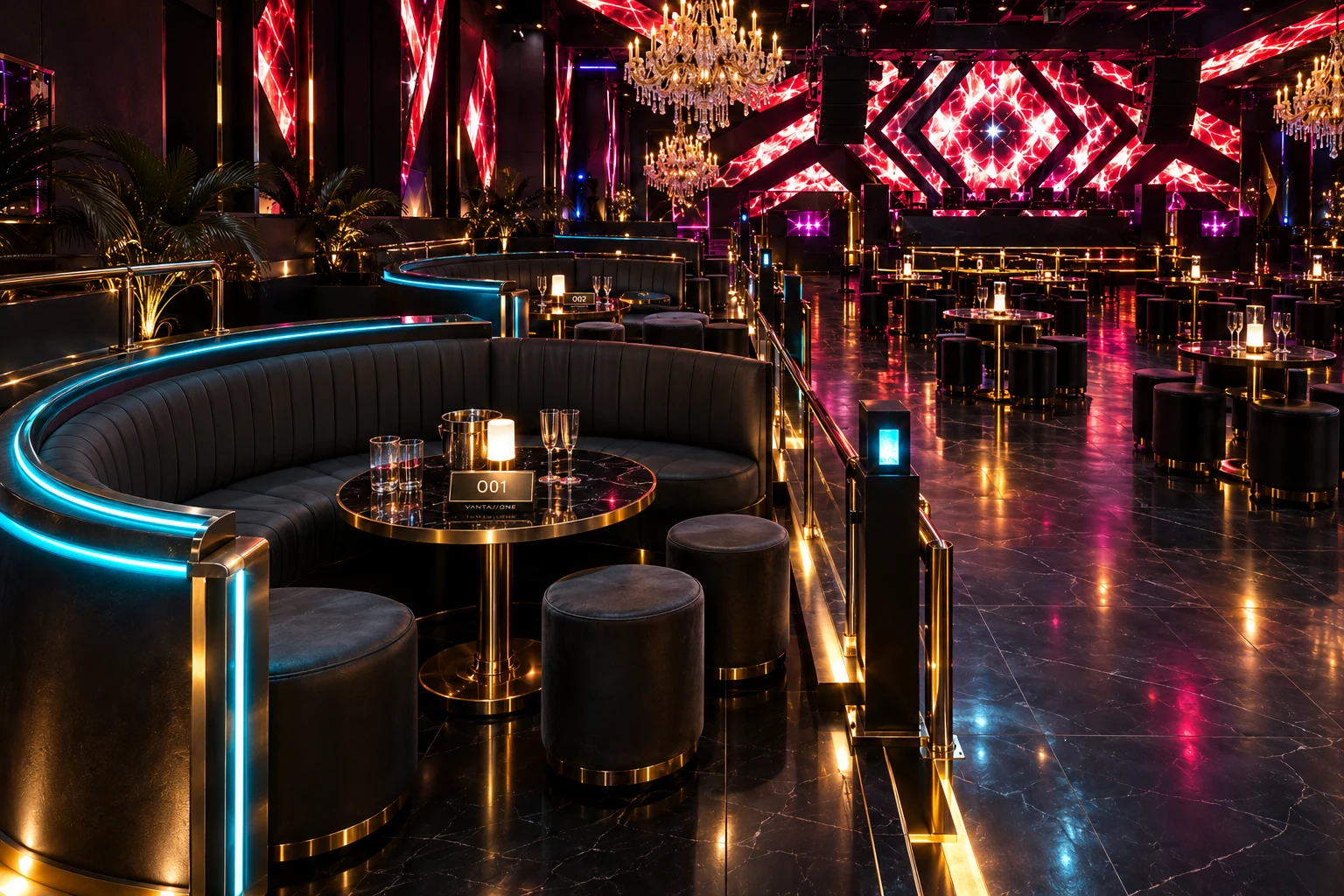 Orbit VIP: cyan-lit curved leather booth in Vanta One